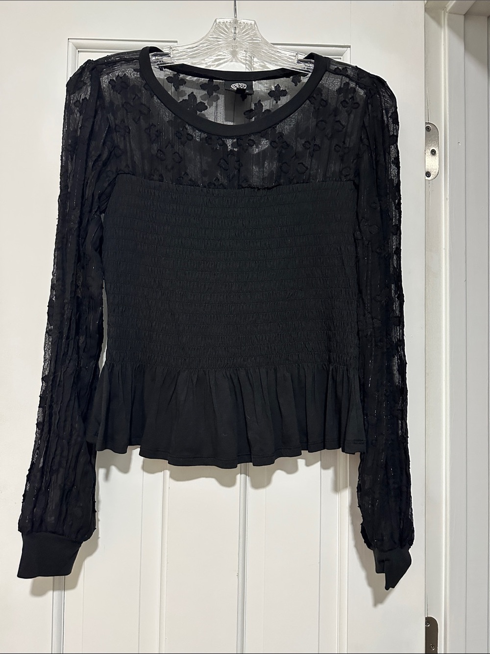 bobeau Black Lace Smocked Peplum Long-Sleeve Top